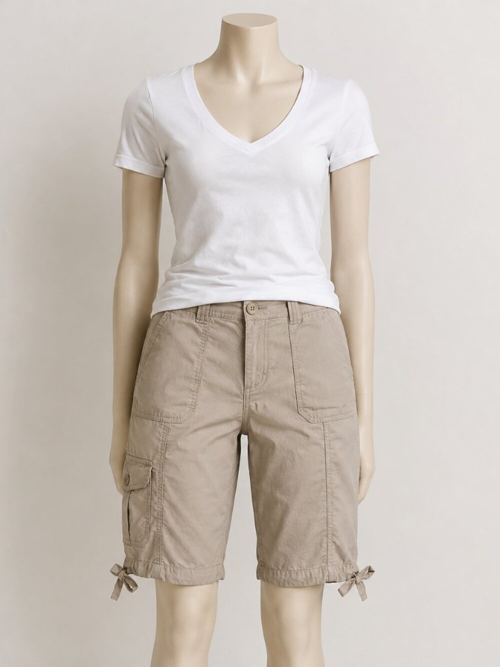 St. John’s Bay Women’s 2P Khaki Cargo Bermuda Shorts Stretch Cotton Tie Hem